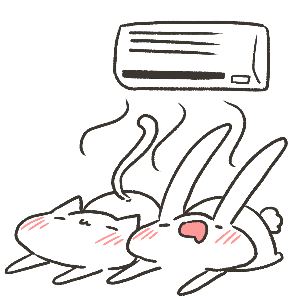 エアコンで涼んでるねことうさぎのイラスト
