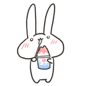 いちごのかき氷を食べてるうさぎのイラスト