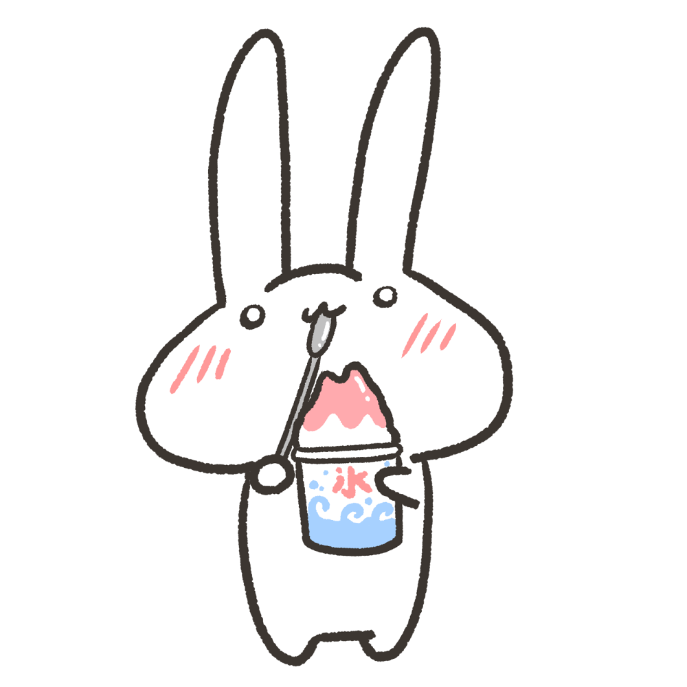 いちごのかき氷を食べてるうさぎのイラスト