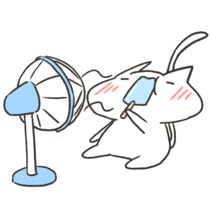 扇風機で涼みながらアイス食べてるねこのイラスト