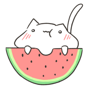 半円カットのスイカを食べるねこのイラスト